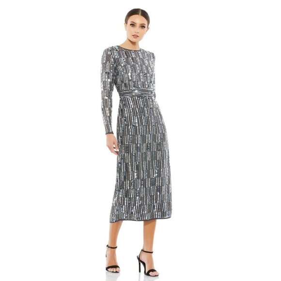 Mac Duggal Size 4 Gray 93590 Sequin Beads Embellished Long Sleeve Cocktail Dress - Picture 1 of 10